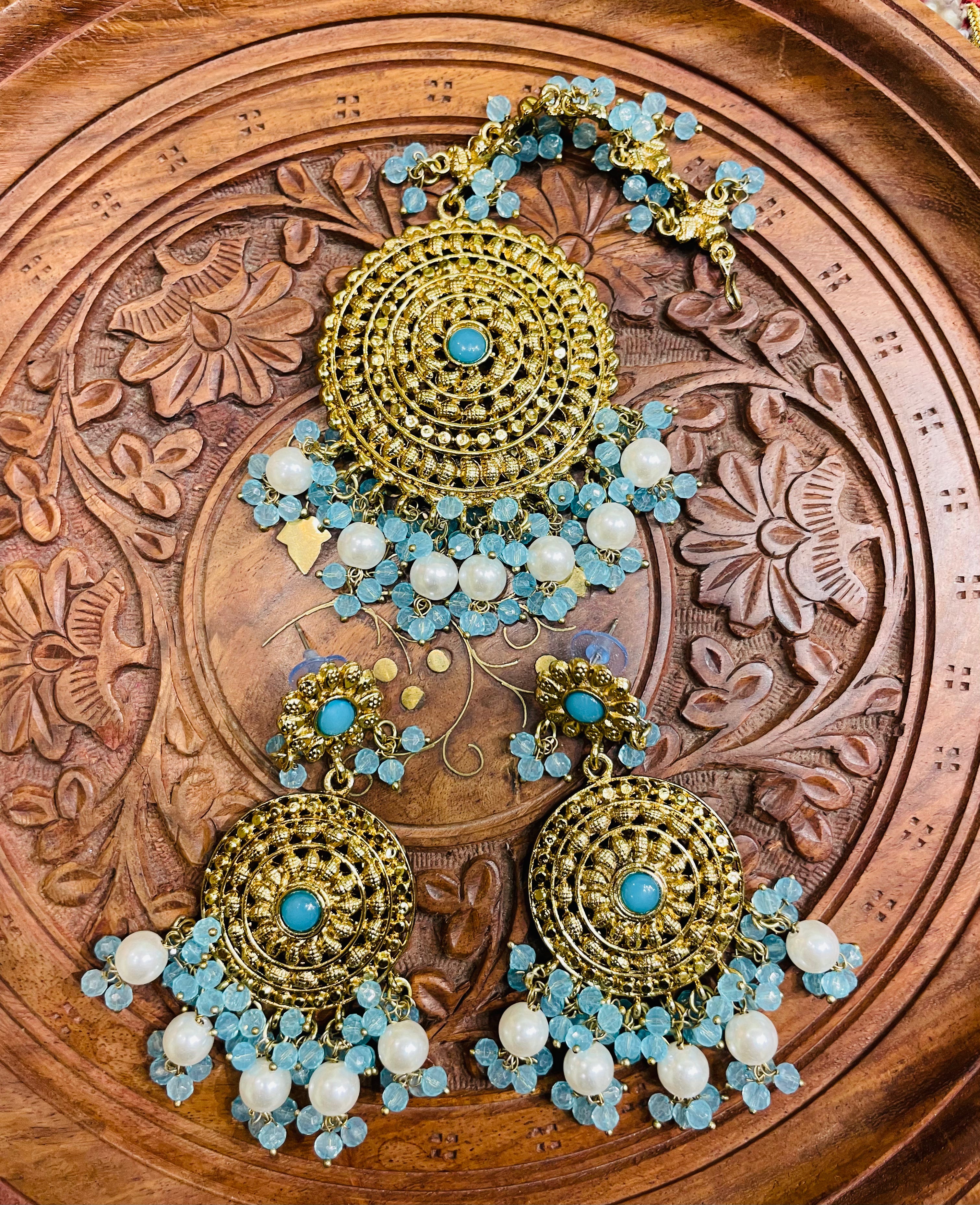 SKY BLUE RAJWADI ROUND EARRINGS MAANG TIKKA – Shristi Jewellery