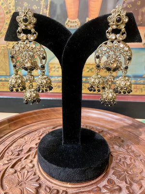 BLACK BRIDAL ETHNIC CHANDBALI JHUMKI EARRINGS