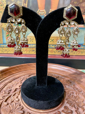 MAROON MONALISA STONE KUNDAN MOISSANITE HERITAGE JHUMKI EARRINGS