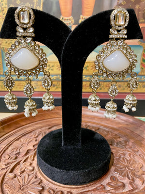 IVORY WHITE MONALISA STONE KUNDAN MOISSANITE JHUMKI EARRINGS